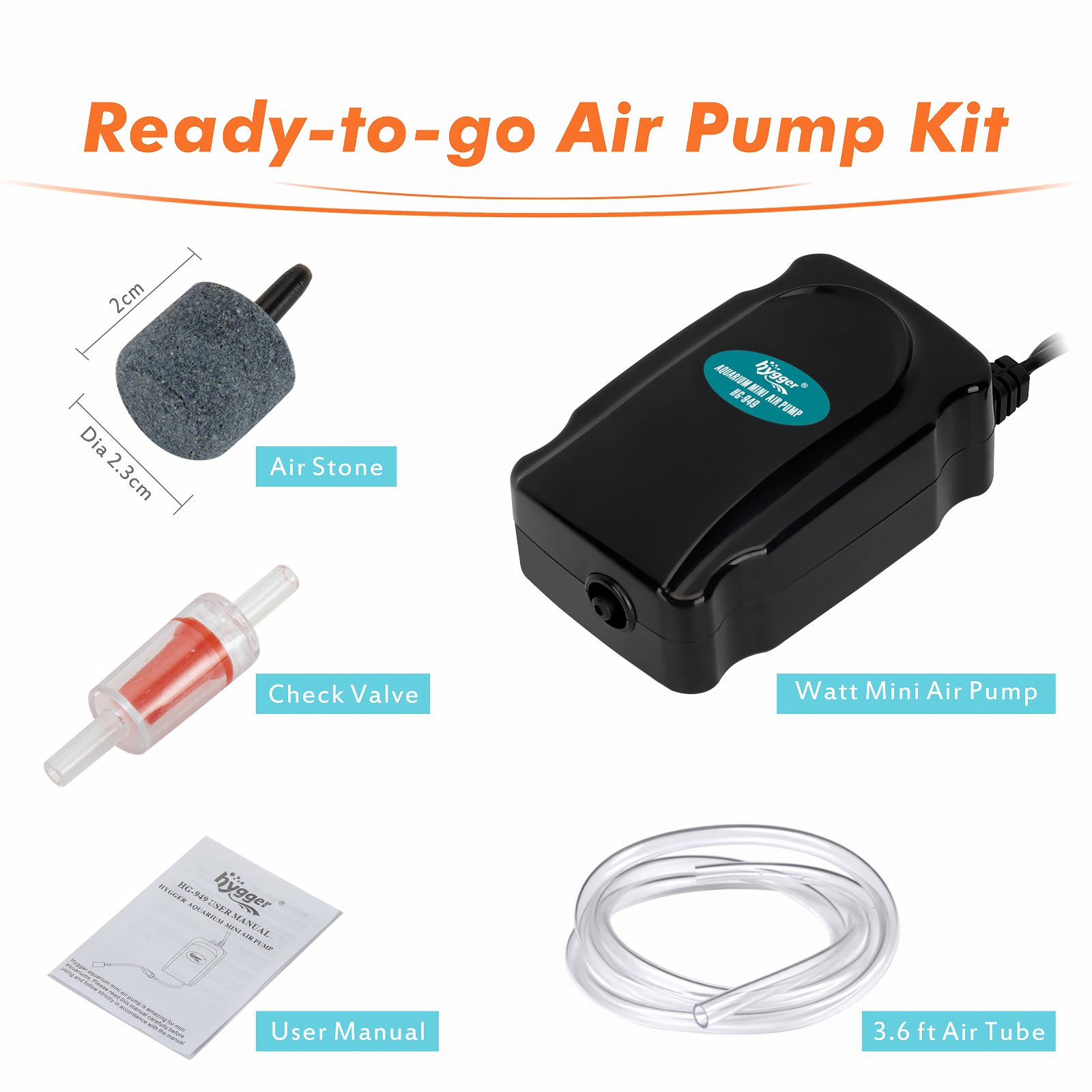 hygger Mini Aquarium Air Pump Kit for 1-20 Gallon Fish Bowl with Air Tube  Air Stone & Check Valve - Hygger Wholesale