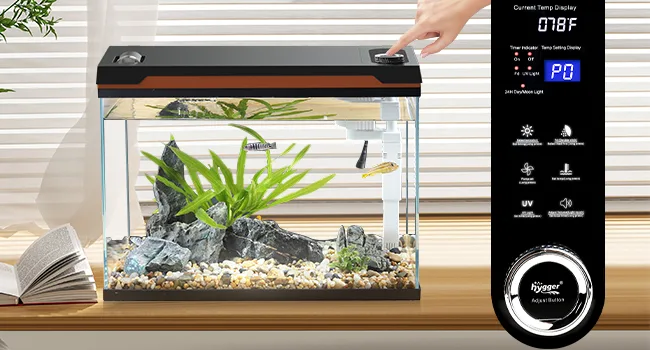 Modern hygger aquarium with digital control panel, LED lighting, and aquatic plants for home decoration