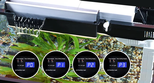 Hygger aquarium with digital controllers P0-P3, water flow, plants, and gravel