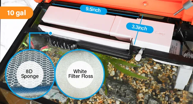 Hygger 10-gallon aquarium filter with 8D sponge and white filter floss, dimensions 9.5"x3.3" for efficient water purification