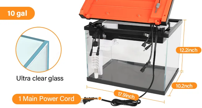 Hygger 10-gallon aquarium with ultra clear glass, orange lid, and power cord. Dimensions: 17.9" x 10.2" x 12.2".