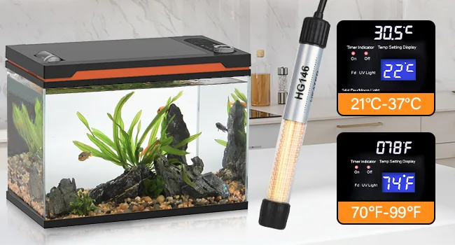 Hygger smart aquarium with digital temperature control, LED lighting, and automatic water quality monitoring for fish tanks.