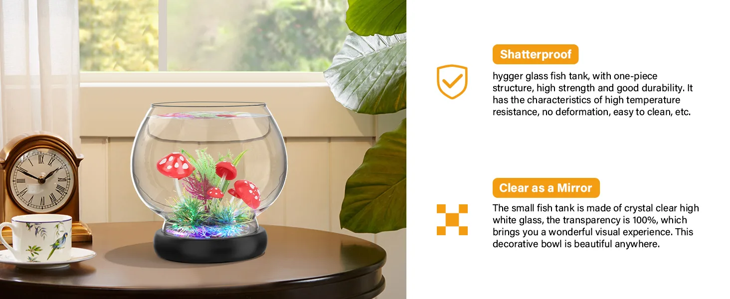 Hygger glass fish tank with LED lights, mushrooms, and plants on a wooden table near a window