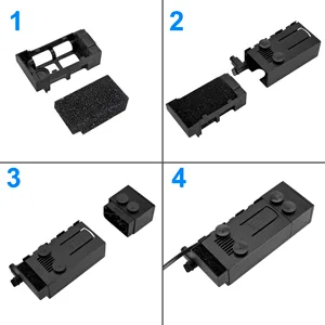 Step-by-step assembly guide for Hygger aquarium filter components, showing parts 1-4 with black plastic pieces and connectors