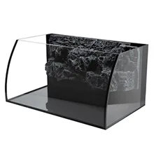 Modern glass aquarium with black base and rock background for fish tank display