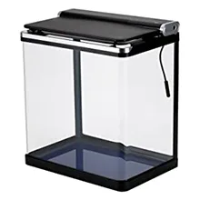 Modern glass aquarium with black base and top cover, featuring a built-in filter and power cord for fish tank setup
