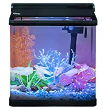 Hygger aquarium with colorful fish, coral, and blue gravel, showcasing vibrant underwater scene for home decoration.
