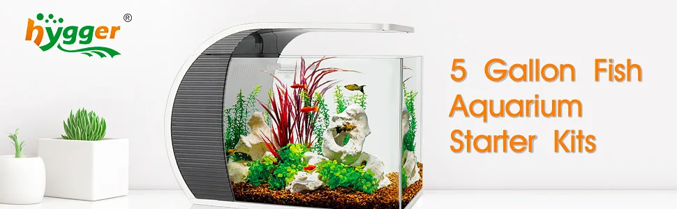 Hygger 5-gallon fish aquarium starter kit with plants, rocks, and fish in a modern curved design