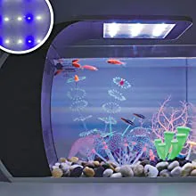 Modern hygger aquarium with colorful fish, LED lighting, and decorative coral, showcasing a vibrant aquatic ecosystem.