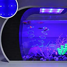 Modern hygger aquarium with LED lighting, colorful fish, and decorative plants in a sleek design