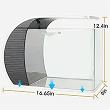 Hygger aquarium with dimensions 16.65in x 9in x 12.4in, featuring a curved front and clear glass sides for fish viewing.
