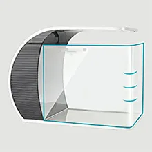 Modern hygger aquarium with transparent glass and curved design, showcasing minimalist fish tank for home decor