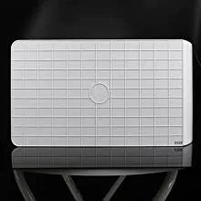 Modern white hygger aquarium with grid pattern and circular logo, displayed on a reflective surface