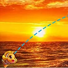 A cheerful cartoon fish with a smiling face looks at the sunset over the ocean, with a dotted line connecting the fish to the