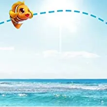 A cartoon fish kite flying over the ocean with a blue dotted line path, sunny sky background