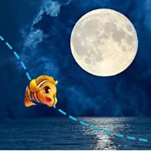 A cartoon tiger fish swims under a full moon on a calm sea with a dotted line path