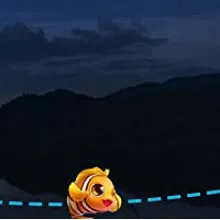 A cute cartoon fish with yellow and orange scales swims near a blue dotted line against a dark mountainous backdrop at dusk.
