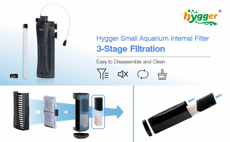 Hygger Small Aquarium Internal Filter with 3-Stage Filtration System - Easy to Disassemble and Clean