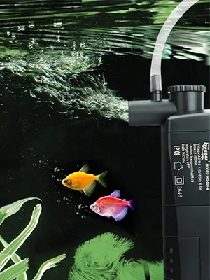 Hygger aquarium with colorful fish, air pump, and aquatic plants in a dark tank