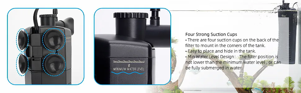 Hygger aquarium filter with four suction cups and minimum water level indicator for easy tank mounting and submersion