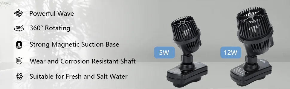Hygger aquarium water pump with 5W and 12W options, featuring 360° rotation, magnetic suction base, and corrosion-resistant s