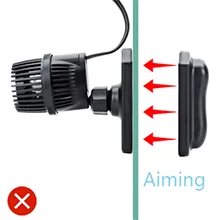 Hygger aquarium LED light adjustment guide showing correct aiming direction with red arrows and a warning symbol