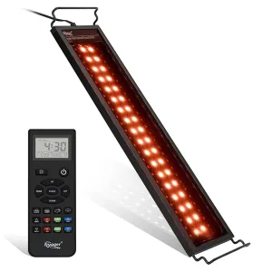 Hygger aquarium LED heater with remote control, displaying temperature and timer settings for fish tank maintenance.