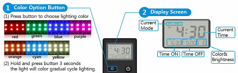 Hygger aquarium light control panel with color options (red, green, blue, purple, orange, cyan, yellow) and display screen sh