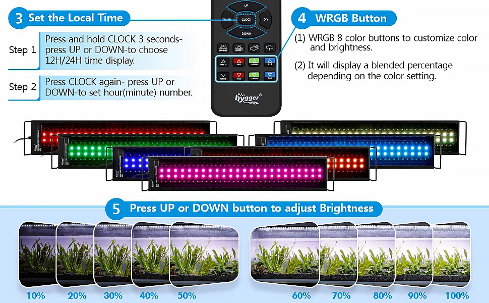 Hygger aquarium LED light control guide: set time, customize WRGB colors, adjust brightness for optimal plant growth.