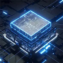 A futuristic blue-lit microchip with glowing circuitry, representing advanced technology and digital innovation.