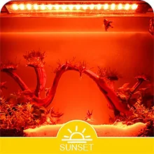 Hygger Sunset Aquarium LED Light with vibrant red lighting, showcasing aquarium plants and fish in a serene underwater scene.