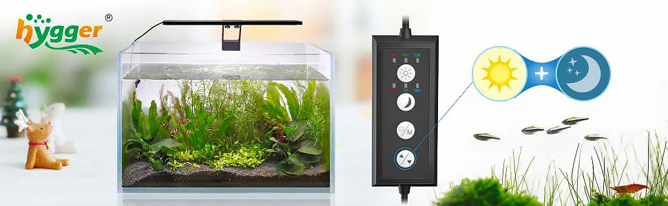 Hygger aquarium with LED light controller, plants, and fish for a natural aquatic environment