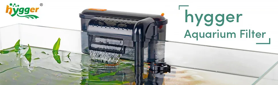 Hygger Aquarium Filter in action, showing water circulation and filtration process with clear glass tank and green plants.