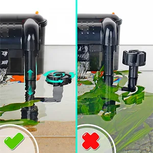 Hygger Aquarium setup guide: correct vs incorrect filter placement with green check and red cross icons