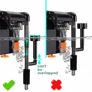 Hygger aquarium filter setup showing correct (green check) and incorrect (red cross) installation with water flow and 'can't