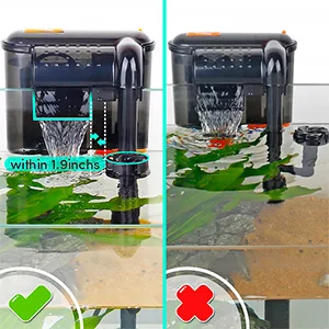 Hygger aquarium filter comparison: left shows correct 1.9-inch filter height with green check, right shows incorrect height w