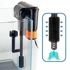 Hygger aquarium filter with sponge and water flow diagram showing filtration process