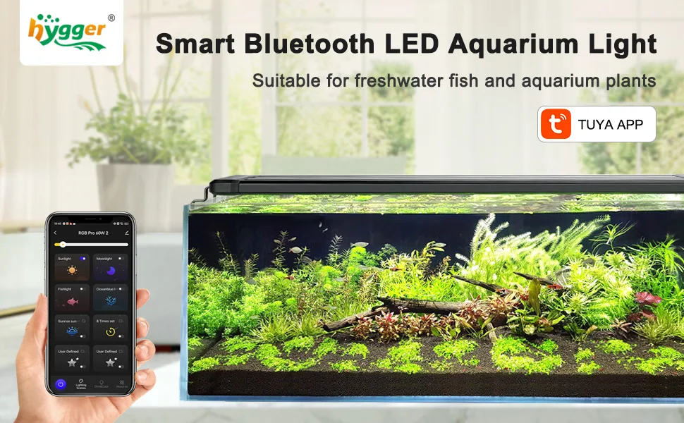 Smart Bluetooth LED aquarium light for freshwater fish and plants, controlled via Tuya app on smartphone