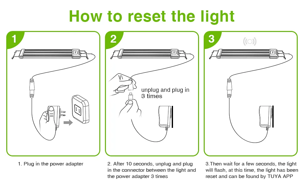 Step-by-step guide to reset a smart light: plug in adapter, unplug/plug connector 3 times, wait for flash