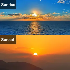 Sunrise over ocean with golden light reflecting on water, sunset with orange sky and sun low on horizon