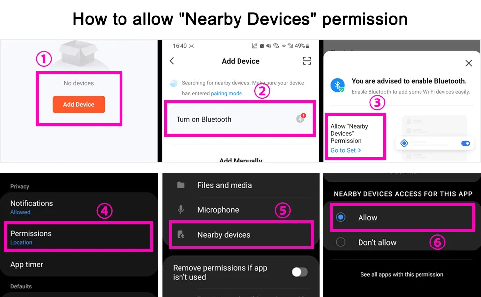Step-by-step guide to enable Nearby Devices permission on iOS, showing Bluetooth setup and app permissions settings.