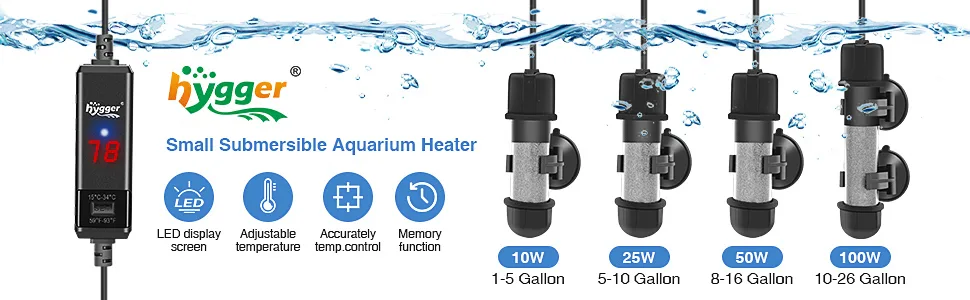 Hygger Small Submersible Aquarium Heater with LED display, adjustable temperature, accurate temp control, memory function, an