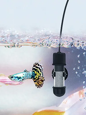 Hygger aquarium filter with guppies swimming in clear water, bubbles, and vibrant fish