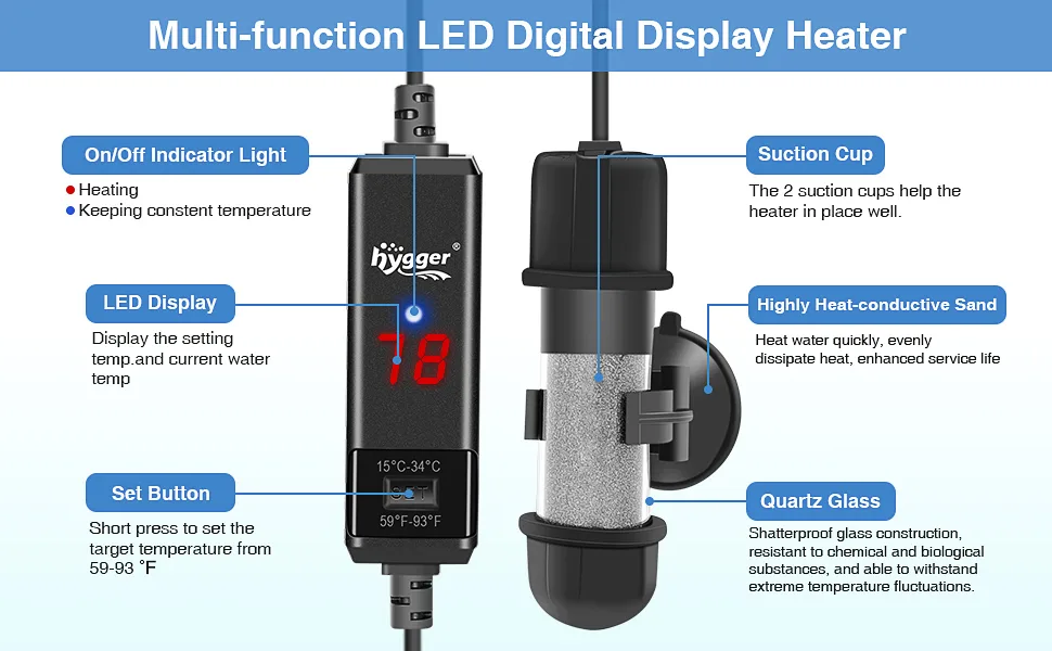 Hygger Multi-function LED Digital Display Heater with On/Off Indicator, LED Display, Set Button, Suction Cup, Heat-conductive