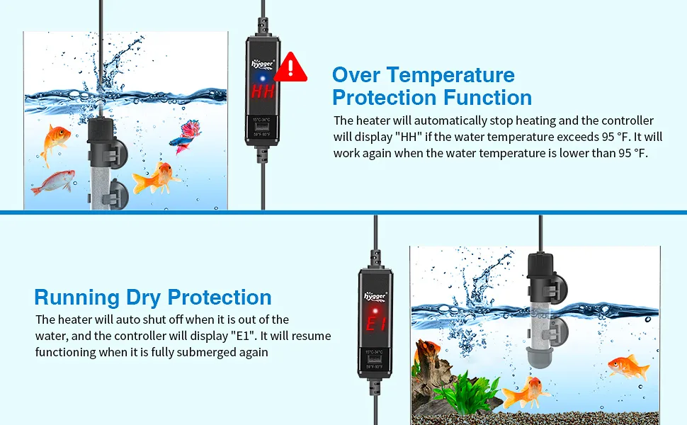 Hygger aquarium heater with over temperature and running dry protection features, displaying HH and E1 indicators for safety.
