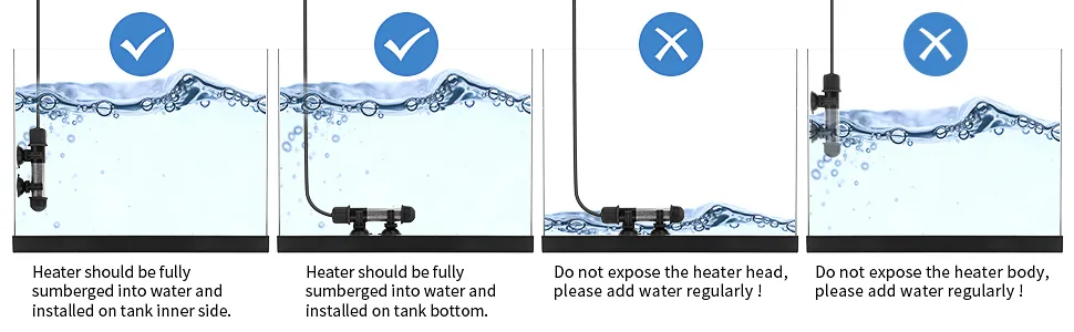 Hygger aquarium heater installation guide: correct submersion and water level maintenance for optimal performance.