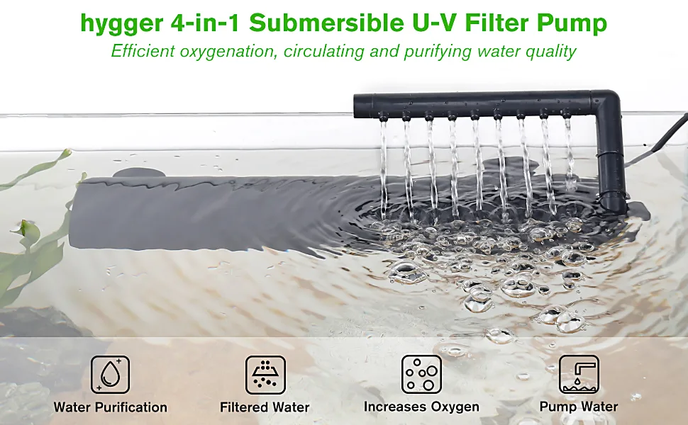 hygger 4-in-1 Submersible U-V Filter Pump for aquariums, oxygenating water with filtered flow and purification