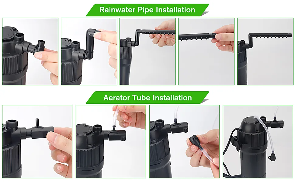 Step-by-step guide for installing rainwater pipes and aerator tubes on a hygger aquarium pump, showing connection and assembl