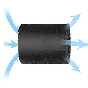 Black cylindrical aquarium filter with blue arrows showing water flow direction