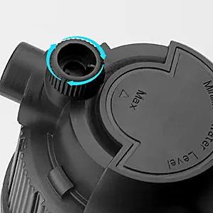 Close-up of Hygger aquarium filter adjustment knob with blue highlight on threaded port for water flow control